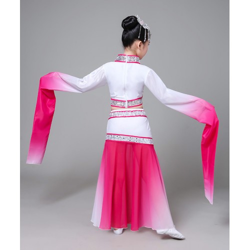 Girls chinese folk dance costumes green pink children ancient traditional fairy water sleeves hanfu drama photos yangko fan dance dresses